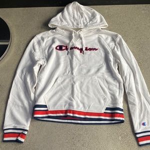 Champion White Hoodie with Red and Blue Stripped Details. Size Medium.
